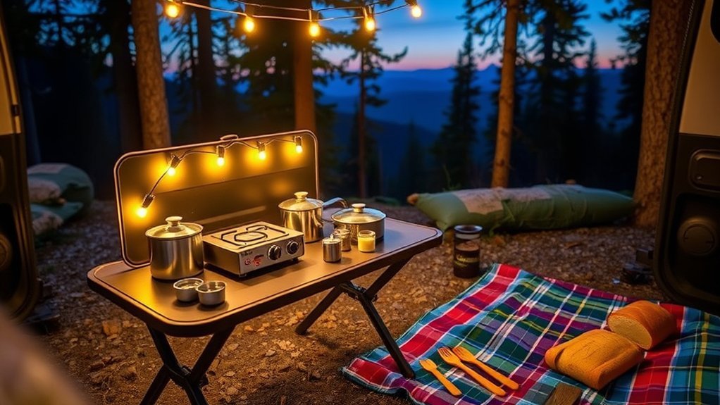 comfortable camping cooking setup